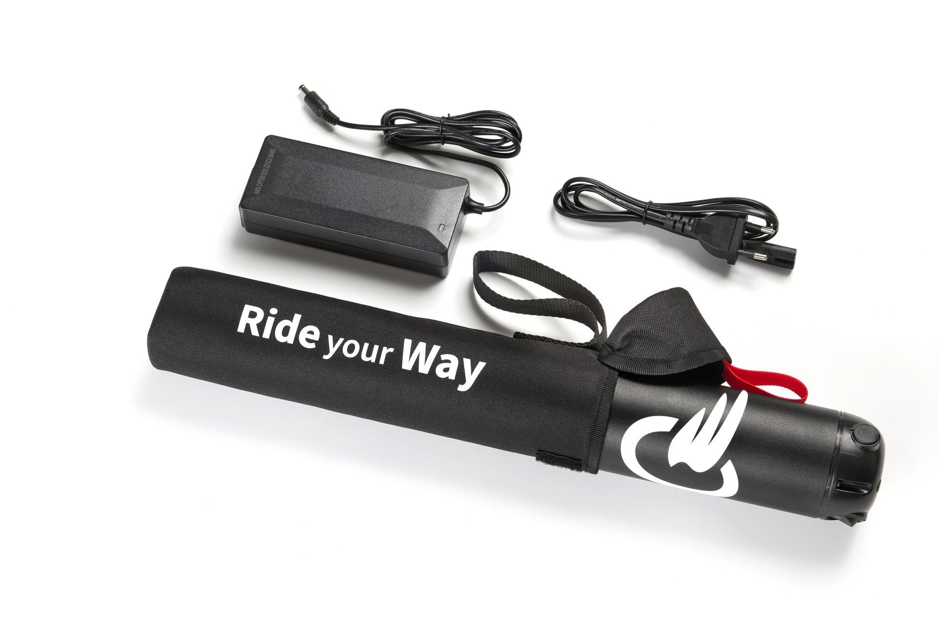 Black electric bicycle pump with cords, “Ride Your Way” text, and charger on white background