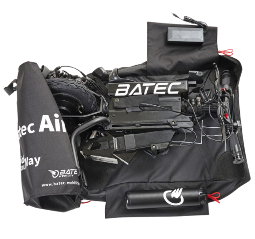 Black BATEC wheelchair attachment with cables, battery pack, and mounted components on white background