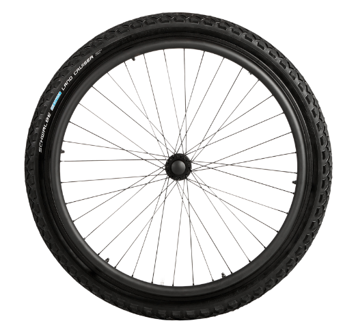 Black bicycle wheel with silver spokes on a white background