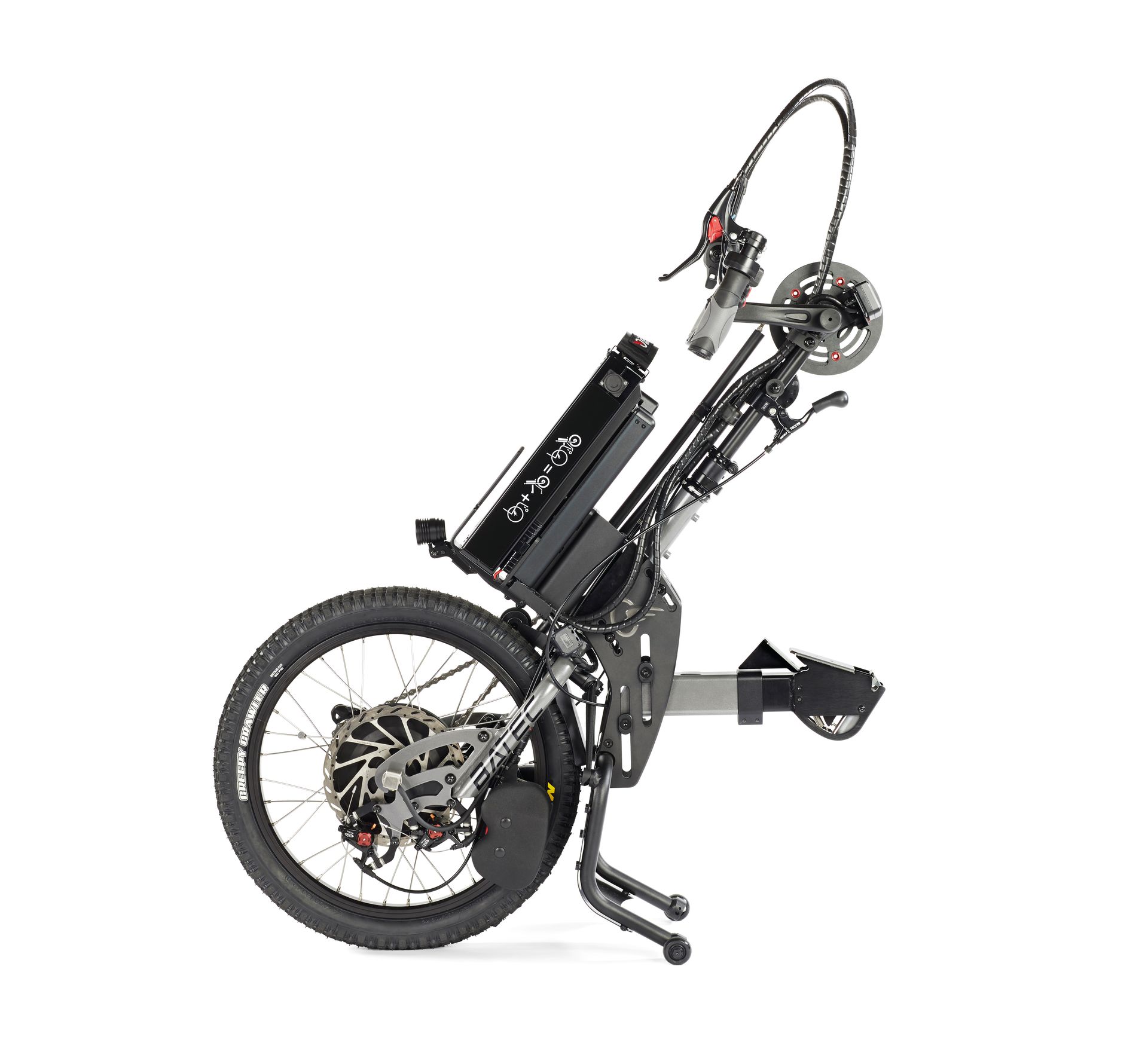 Folded recumbent electric bike with large rear wheel and handlebars raised on a white background