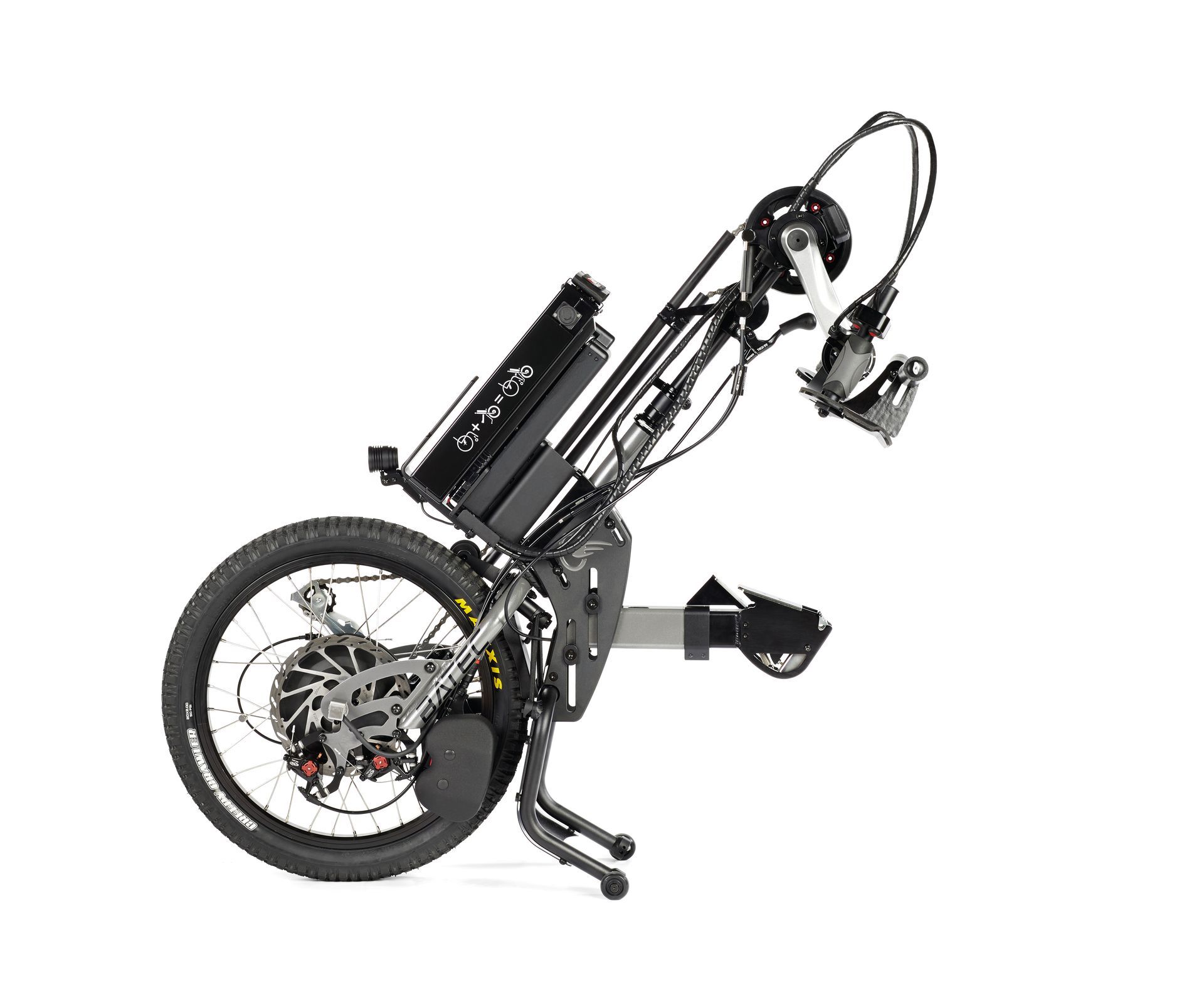 Folded black electric bicycle with compact frame and rear wheel visible on a white background