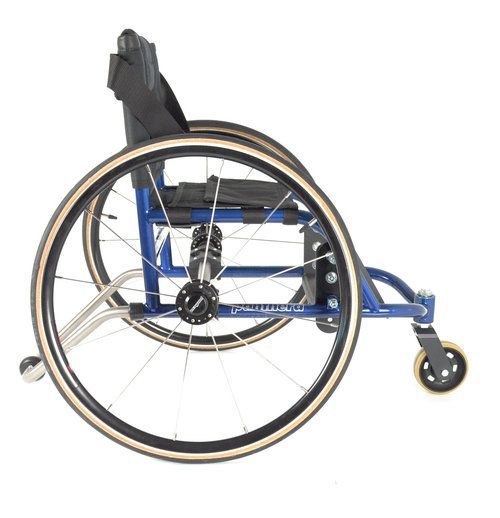 Blue wheelchair with black tires and backrest, on a white background.