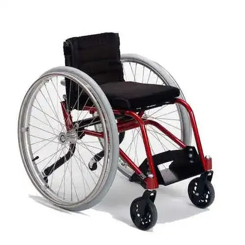 Red and black manual wheelchair with large rear wheels and small front casters.