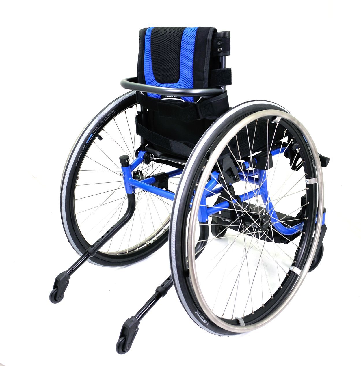 Blue and black wheelchair with large wheels, folded.