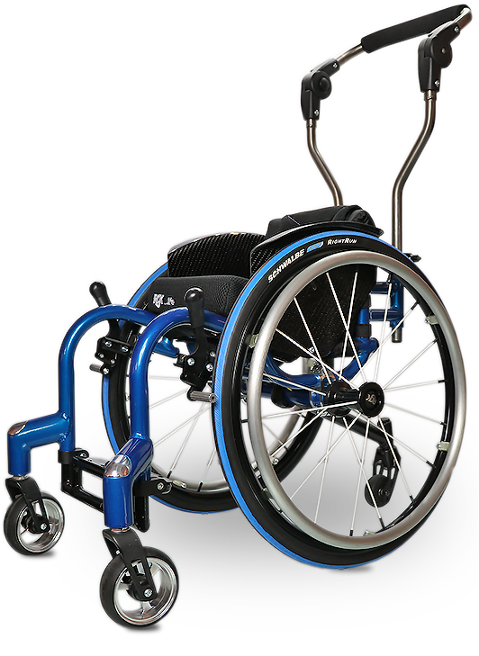Blue wheelchair with black seat and push handles, angled toward the viewer.