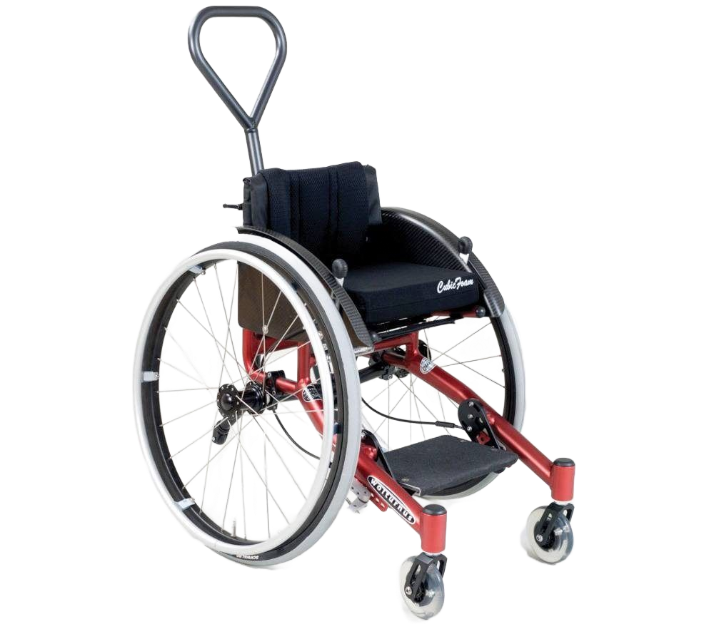 Red and silver wheelchair with large wheels and push handle.