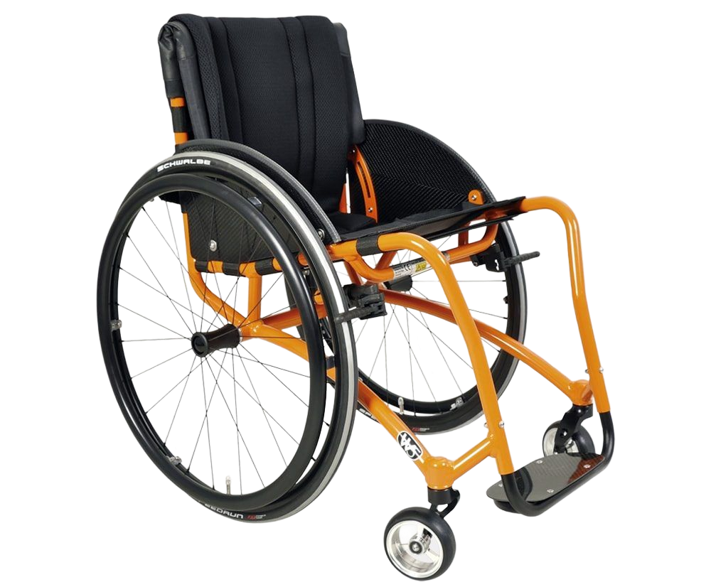 Orange and black wheelchair with large rear wheels and small front casters.