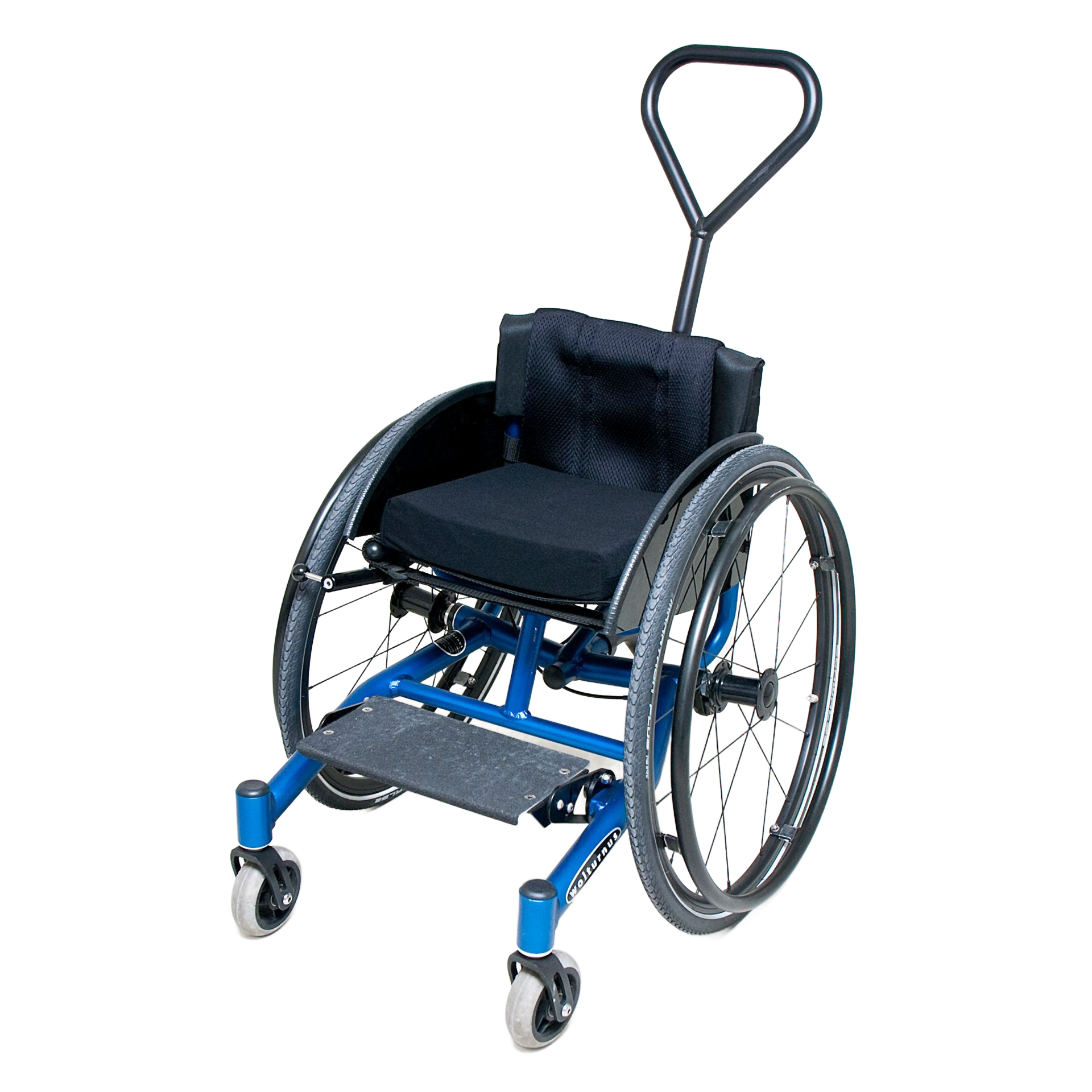 Blue wheelchair with push handle, black seat, and large rear wheels.