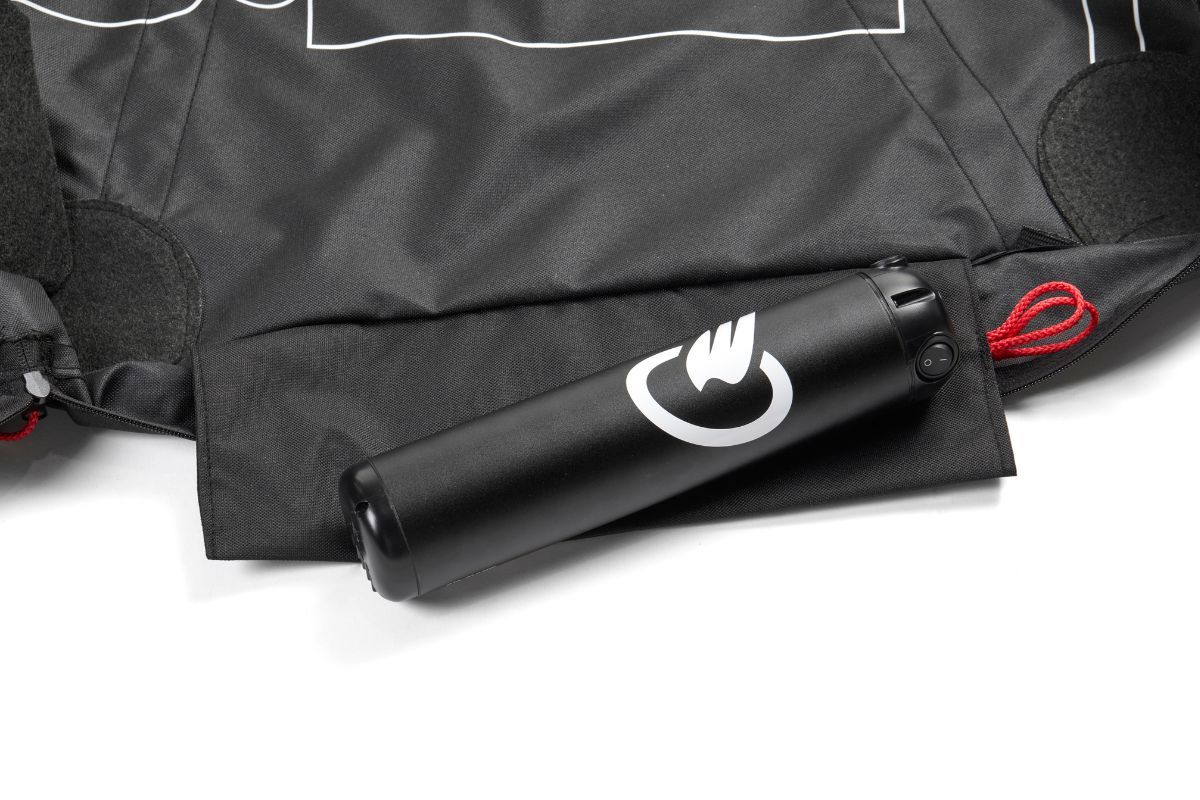Black inflatable life jacket with a CO2 cartridge and red pull cords.