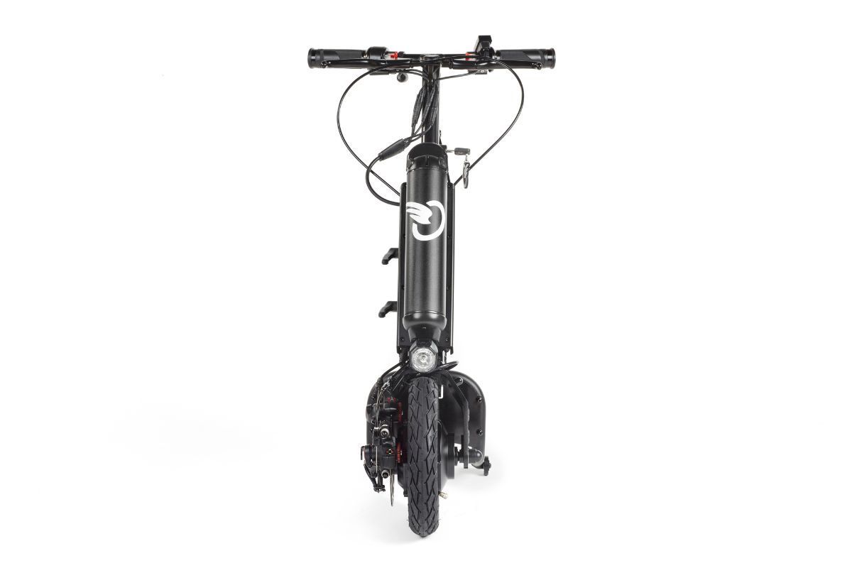 Black folded electric scooter, front view, on white background.