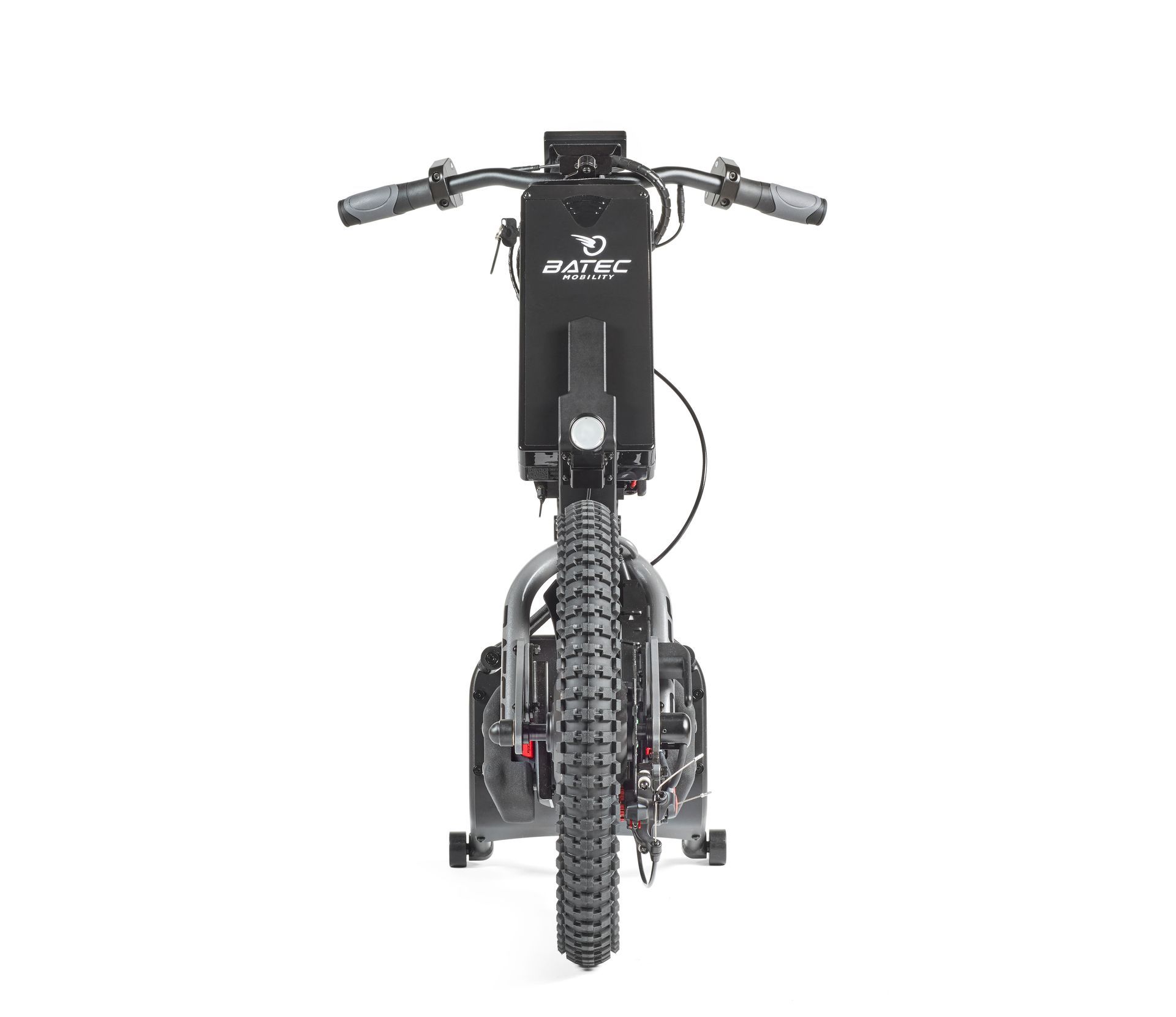Front view of a black electric dirt bike with knobby tires on a white background