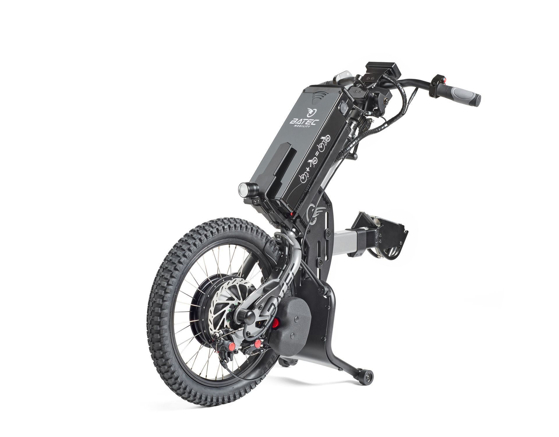 Black electric dirt bike with knobby tires on a white background, shown upright on a stand.