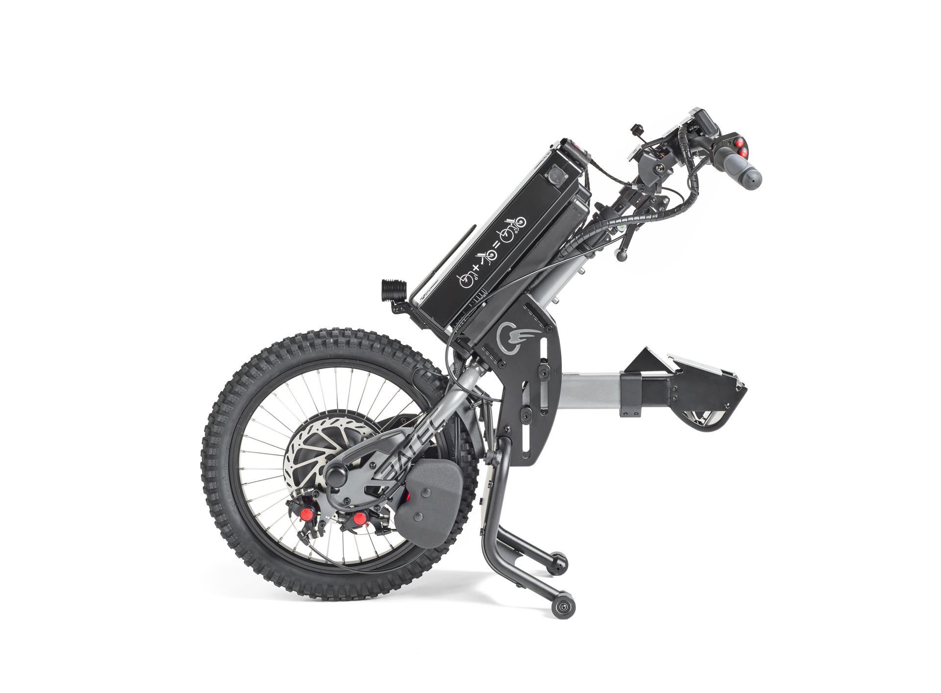 Folded black electric bike with a rear wheel, front frame, and extended kickstand on a white background