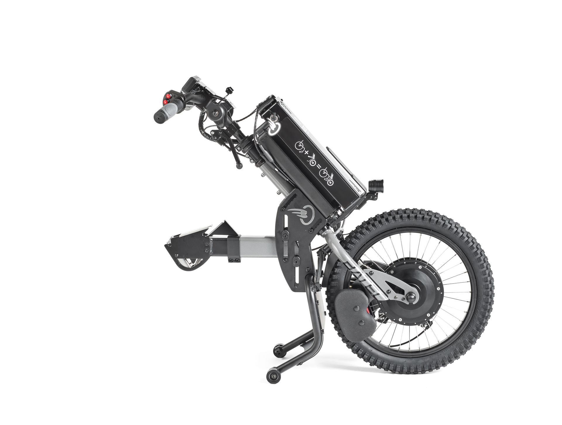 Foldable black electric scooter with large rear wheel, shown side view on white background