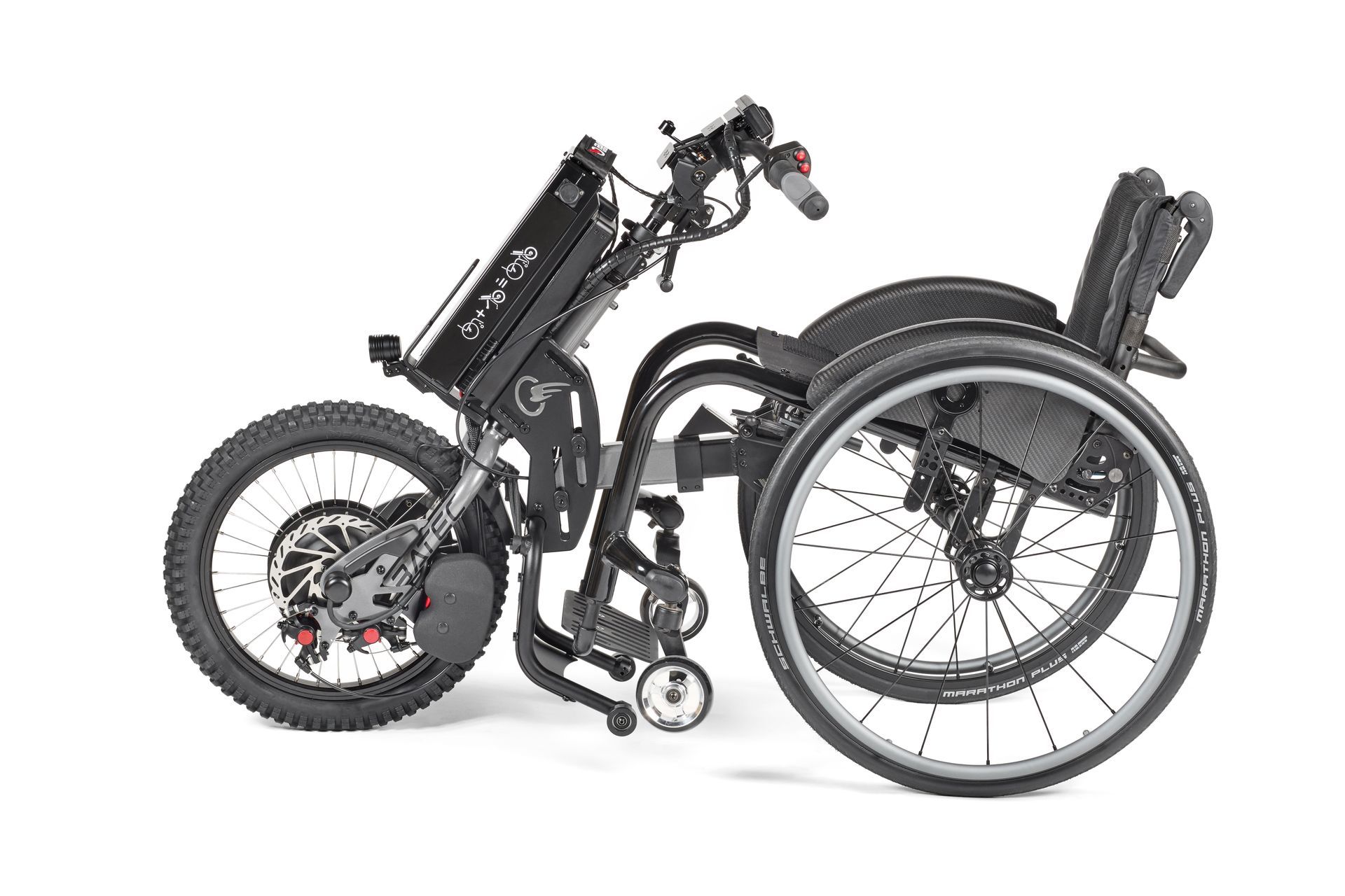 Compact black electric handbike attached to a wheelchair, shown in side view on a white background