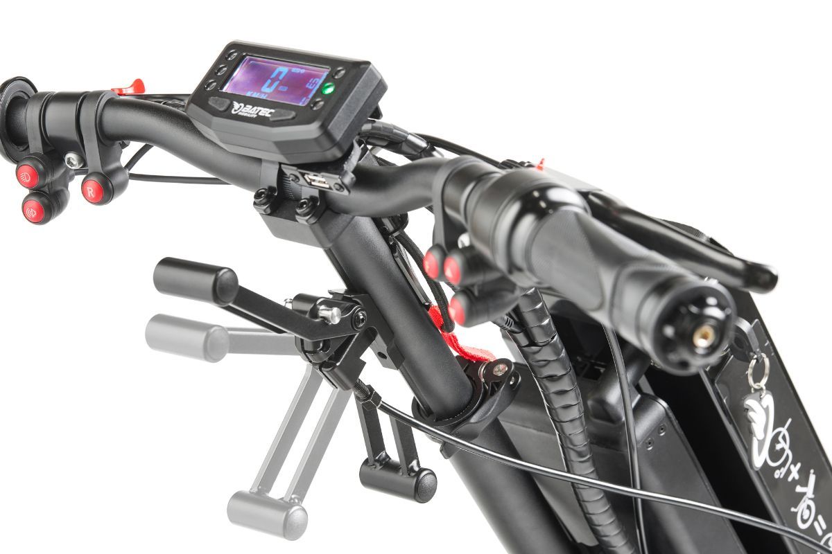 Black electric scooter handlebars with display, brake levers, and handgrips.