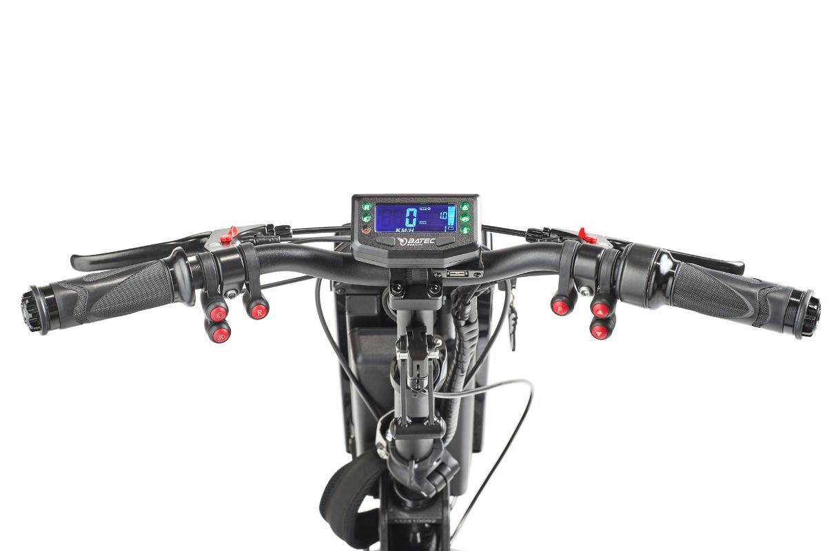 Black electric scooter handlebars with a digital display, buttons, and hand grips.