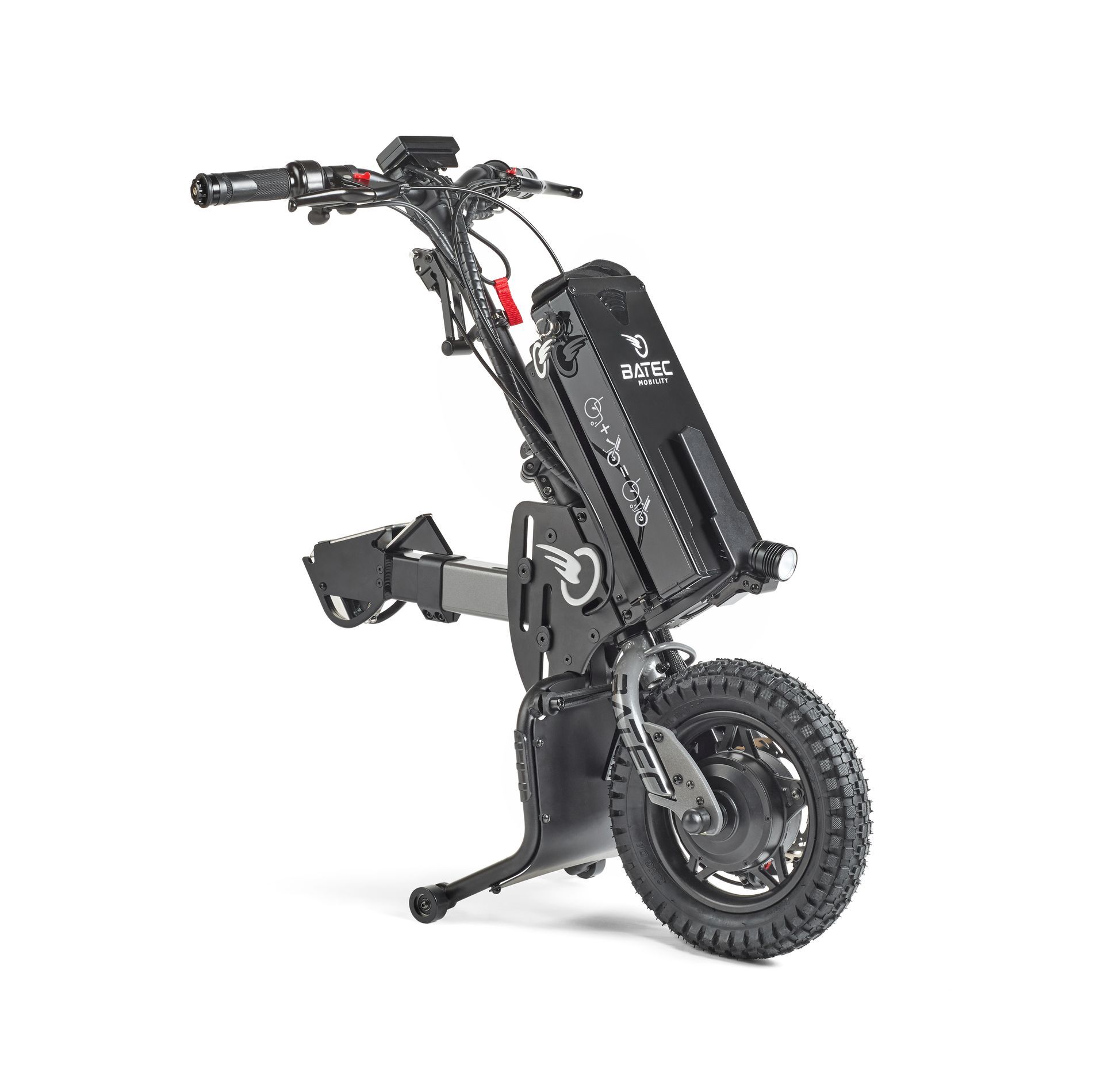 Black electric dirt scooter with large off-road tires on a white background