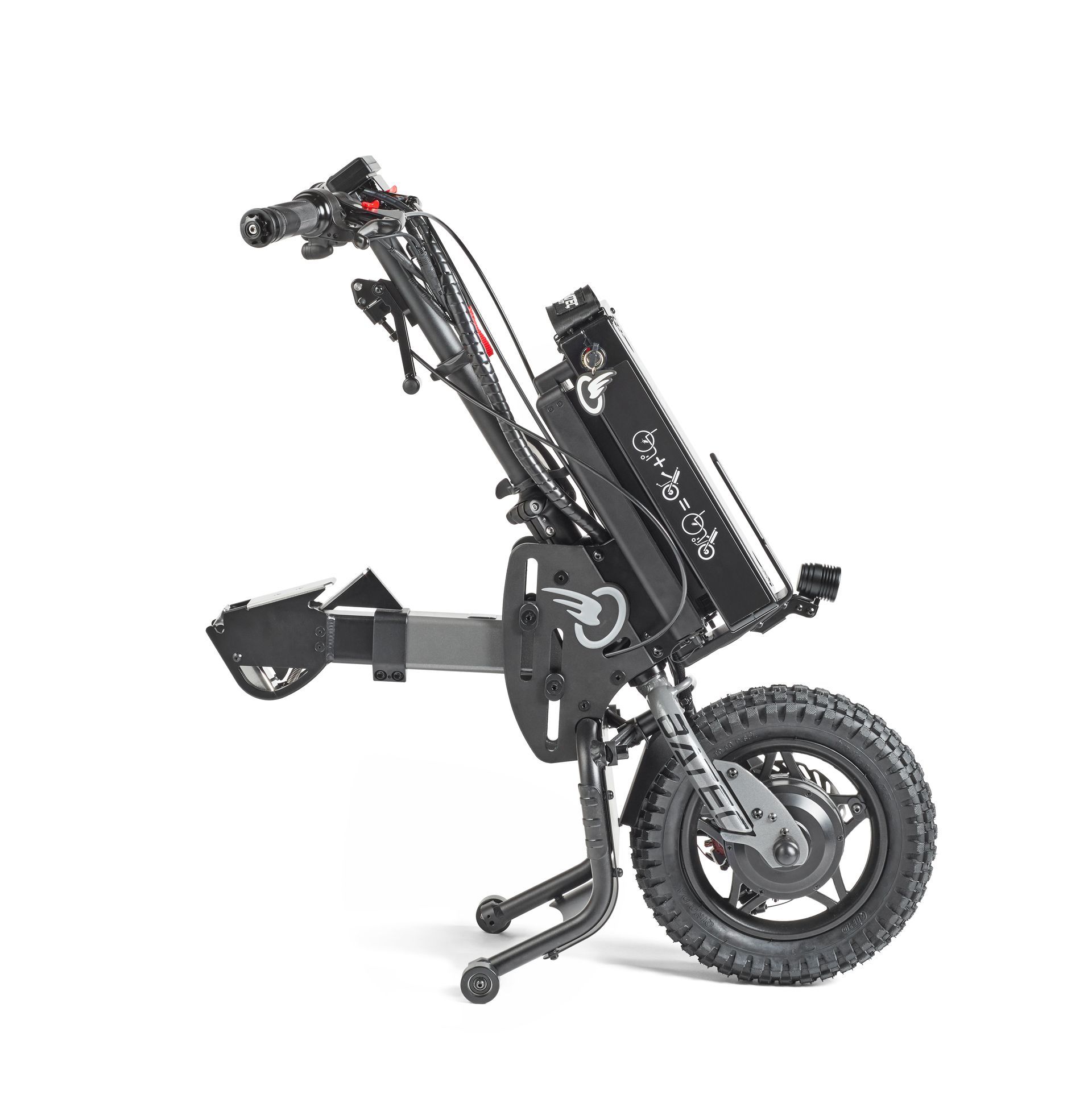 Black folding electric scooter with large front wheel and extended handlebar, shown side view on white background