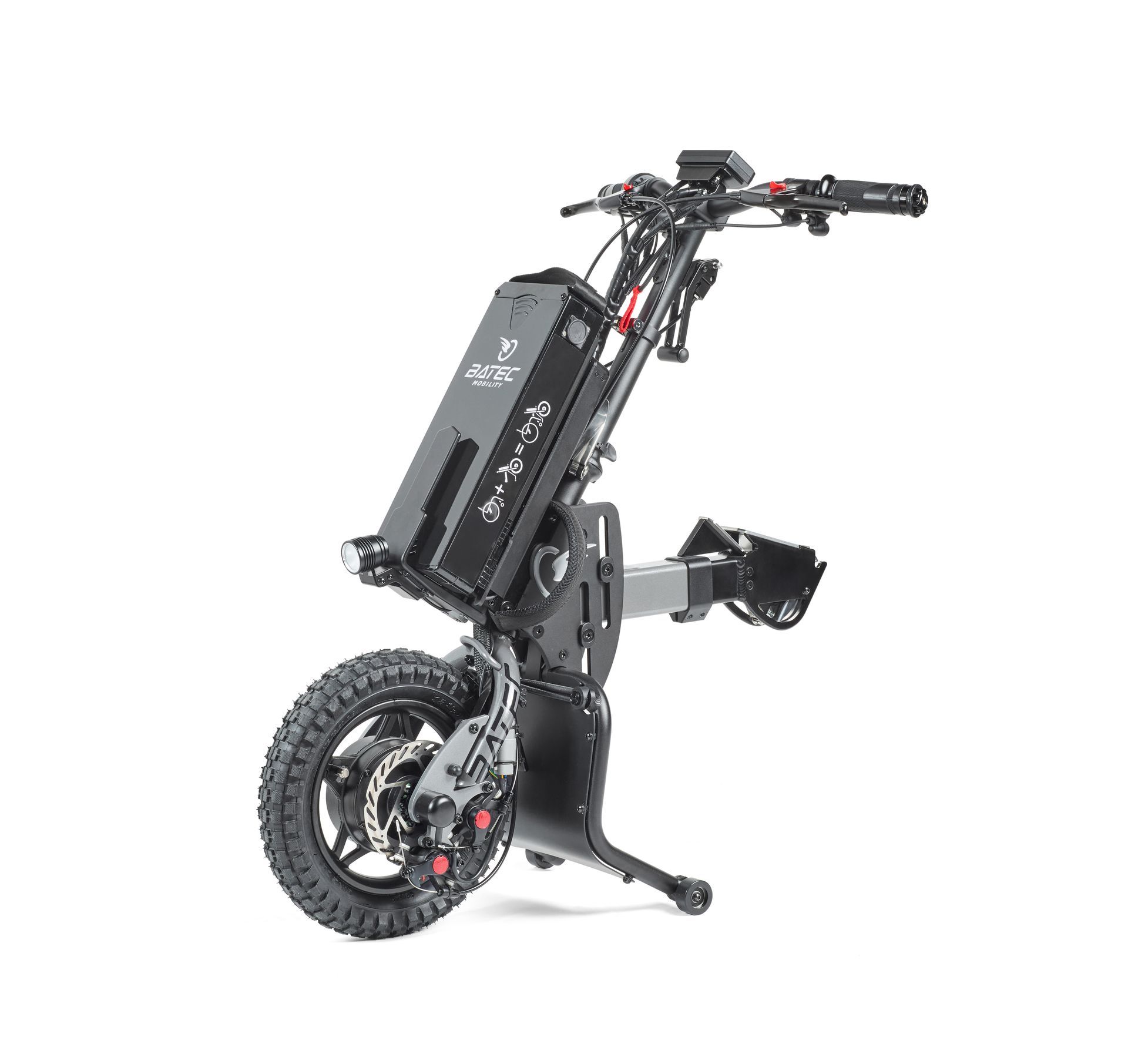 Black electric off-road scooter on a white background, shown in a folded upright position