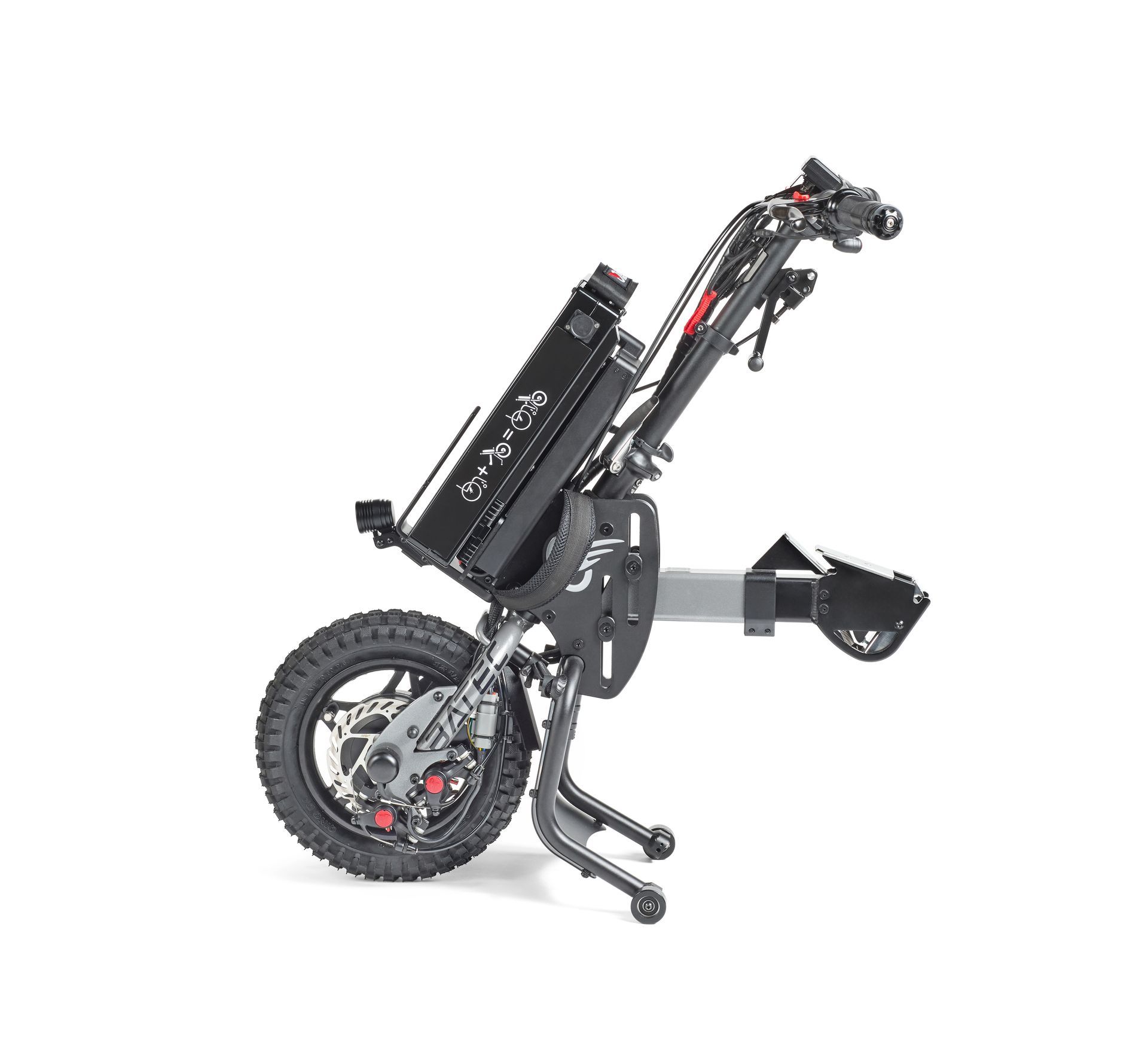 Black electric folding scooter with large wheel, rear stand, and front cargo rack on white background