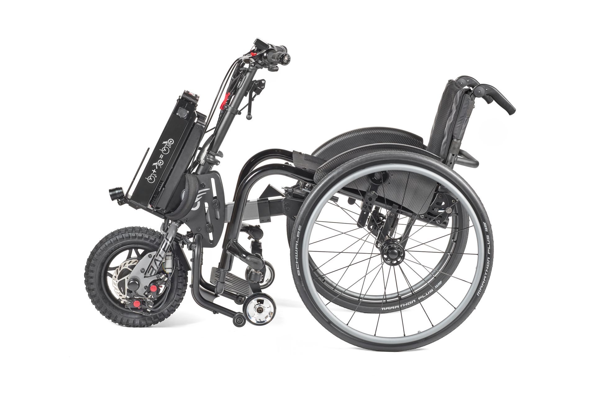 Folded black wheelchair with large rear wheels and small front wheels on a white background
