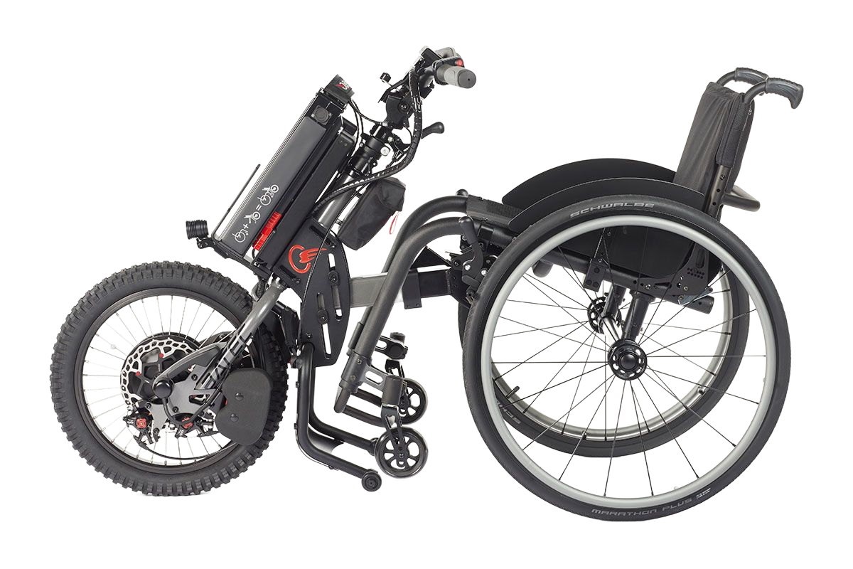 An electric wheelchair with a large front wheel, battery, and folded frame, on a white background.