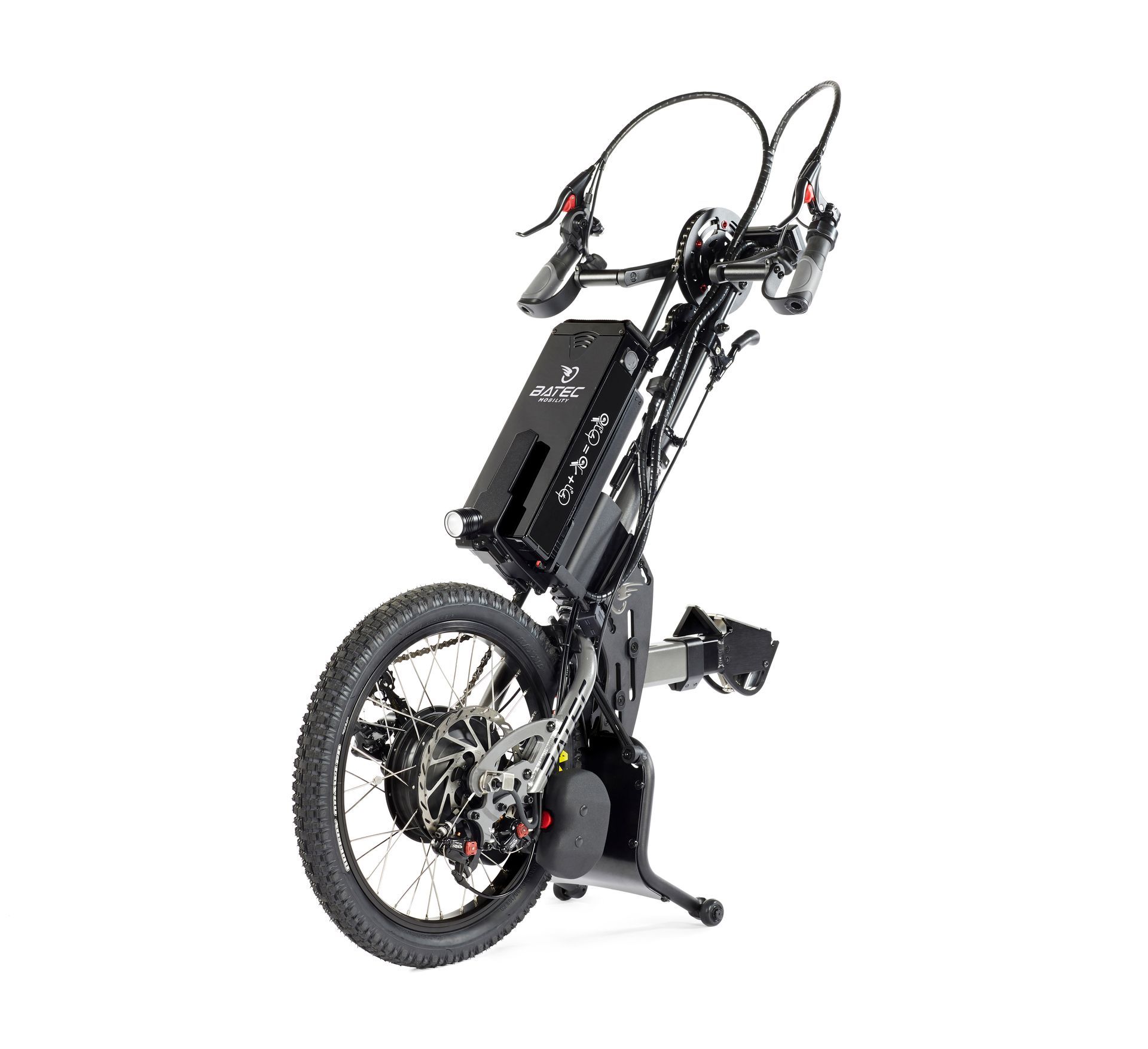 Black electric bicycle shown in a folded, upright position on a white background