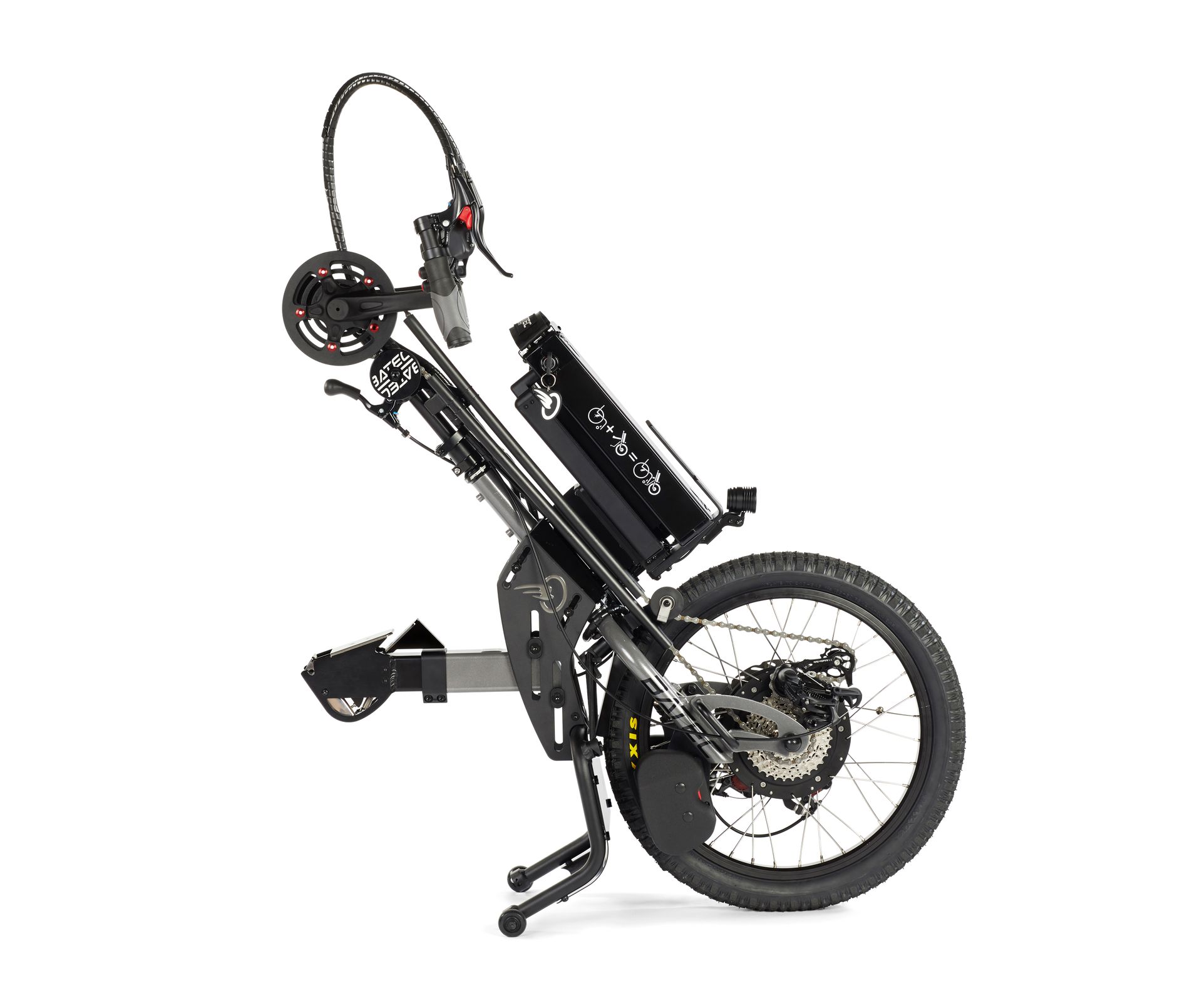 Black folding electric tricycle with a rear cargo rack and a large front wheel on a white background