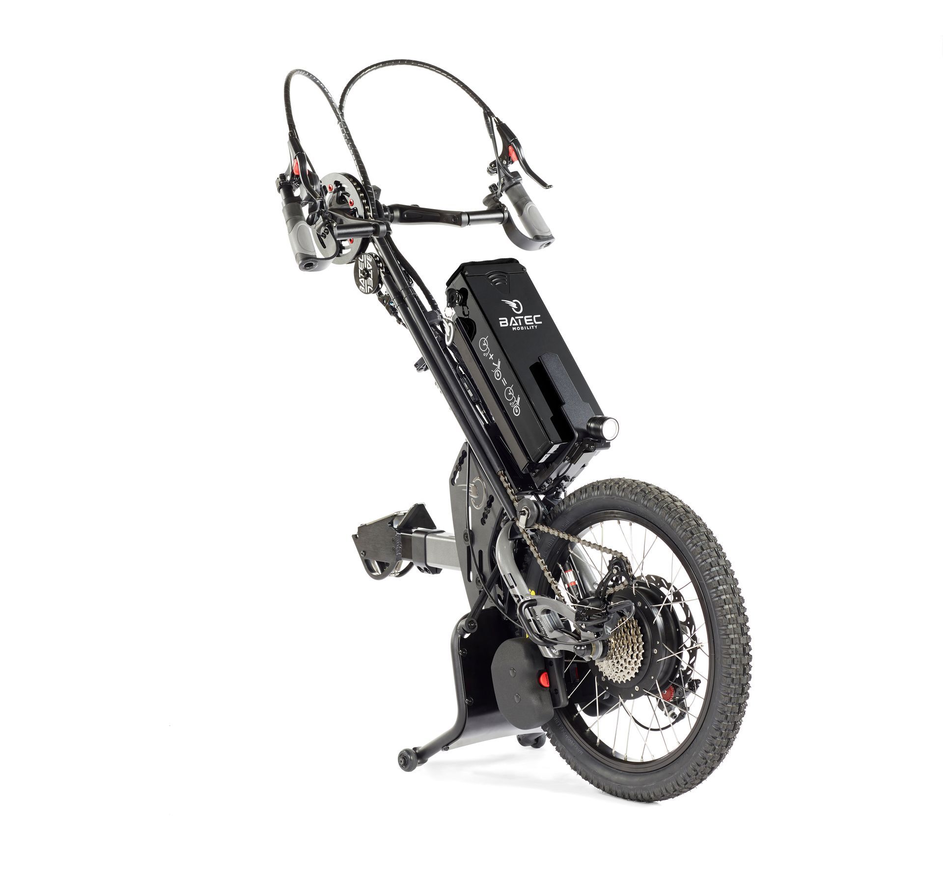 Foldable black electric bike with large rear battery pack and small front wheel, shown on white background