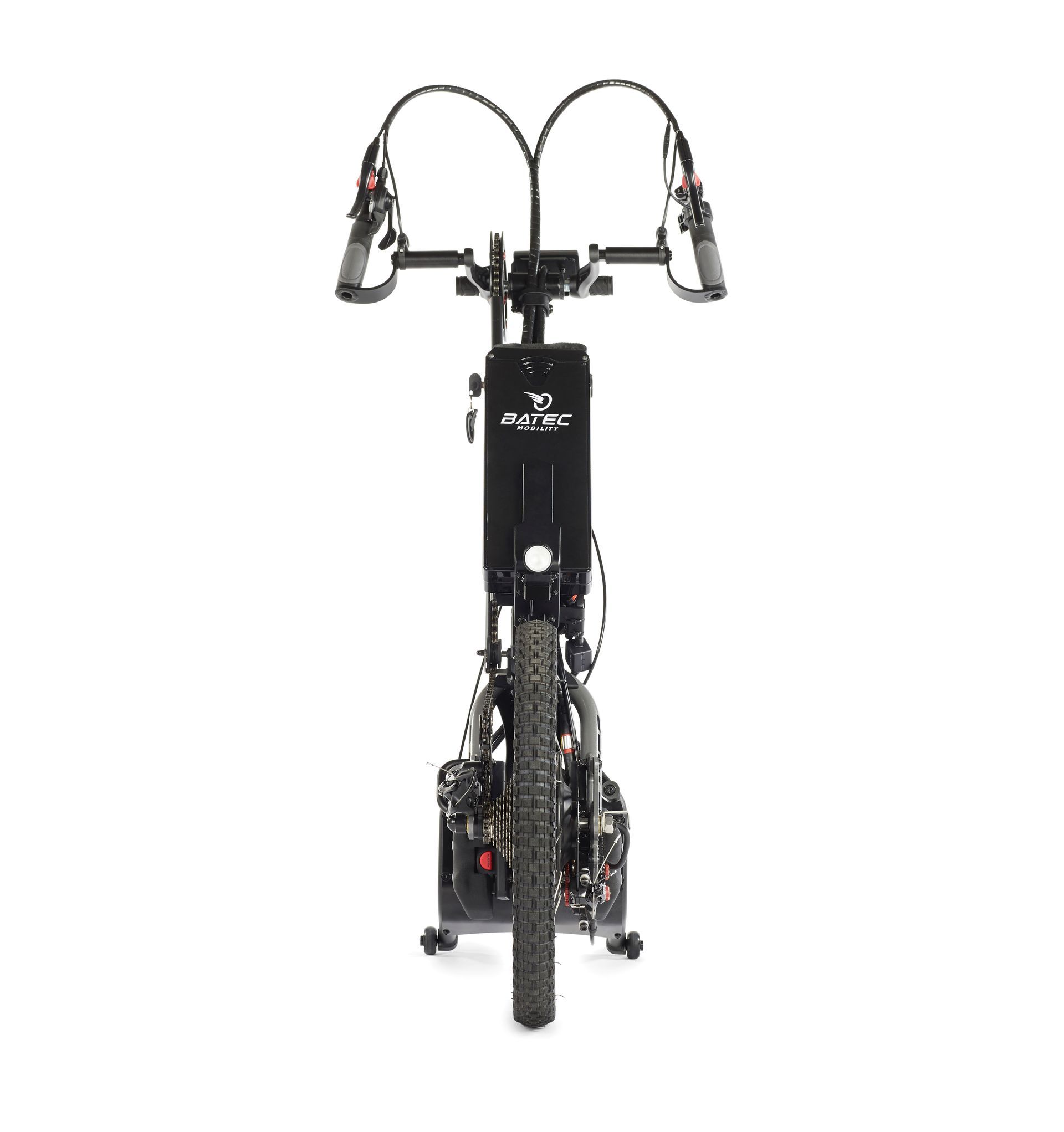 Front view of a black folding bicycle with high handlebars on a white background