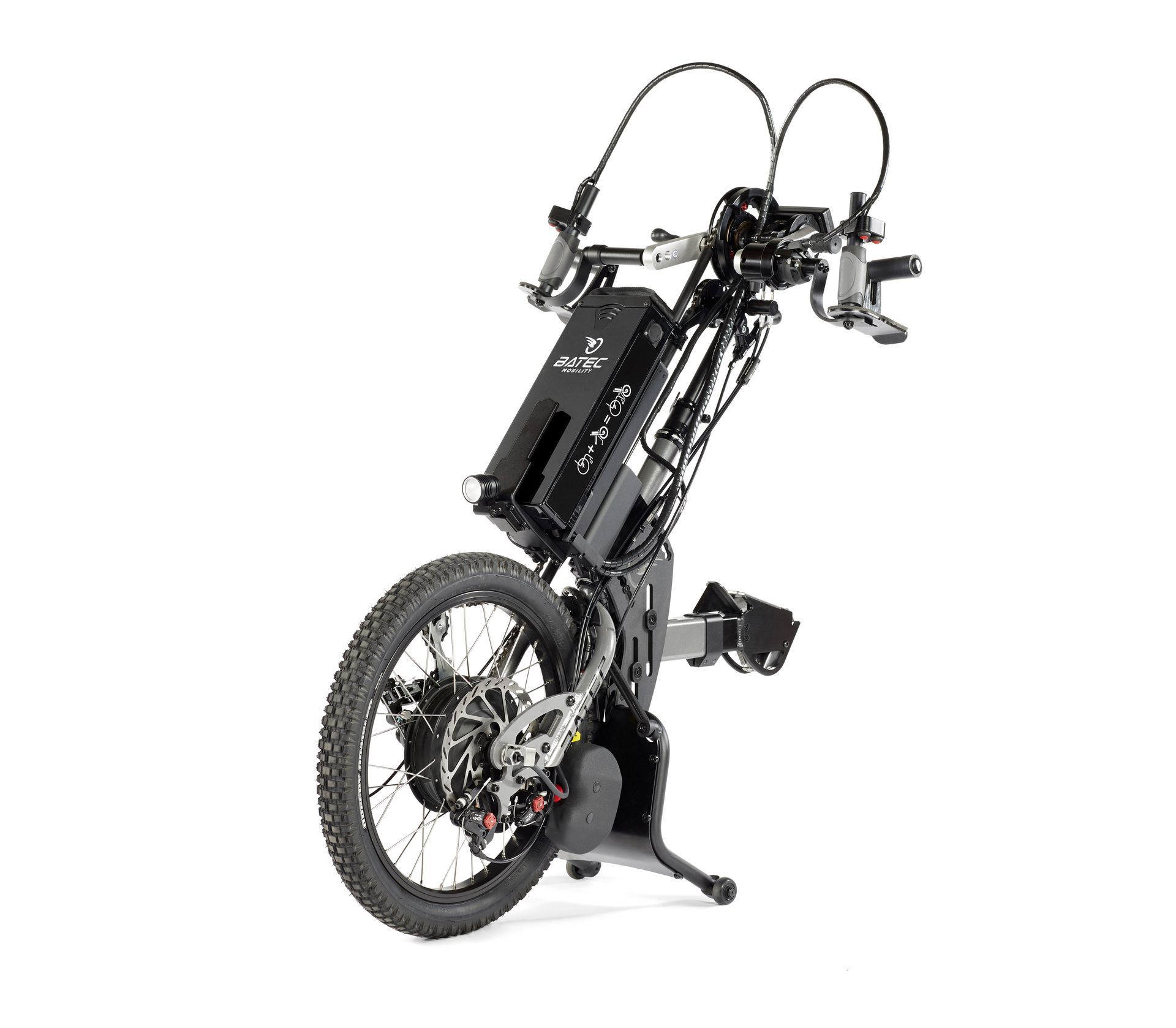 Black electric unicycle with handlebars and a front wheel, shown upright on a white background