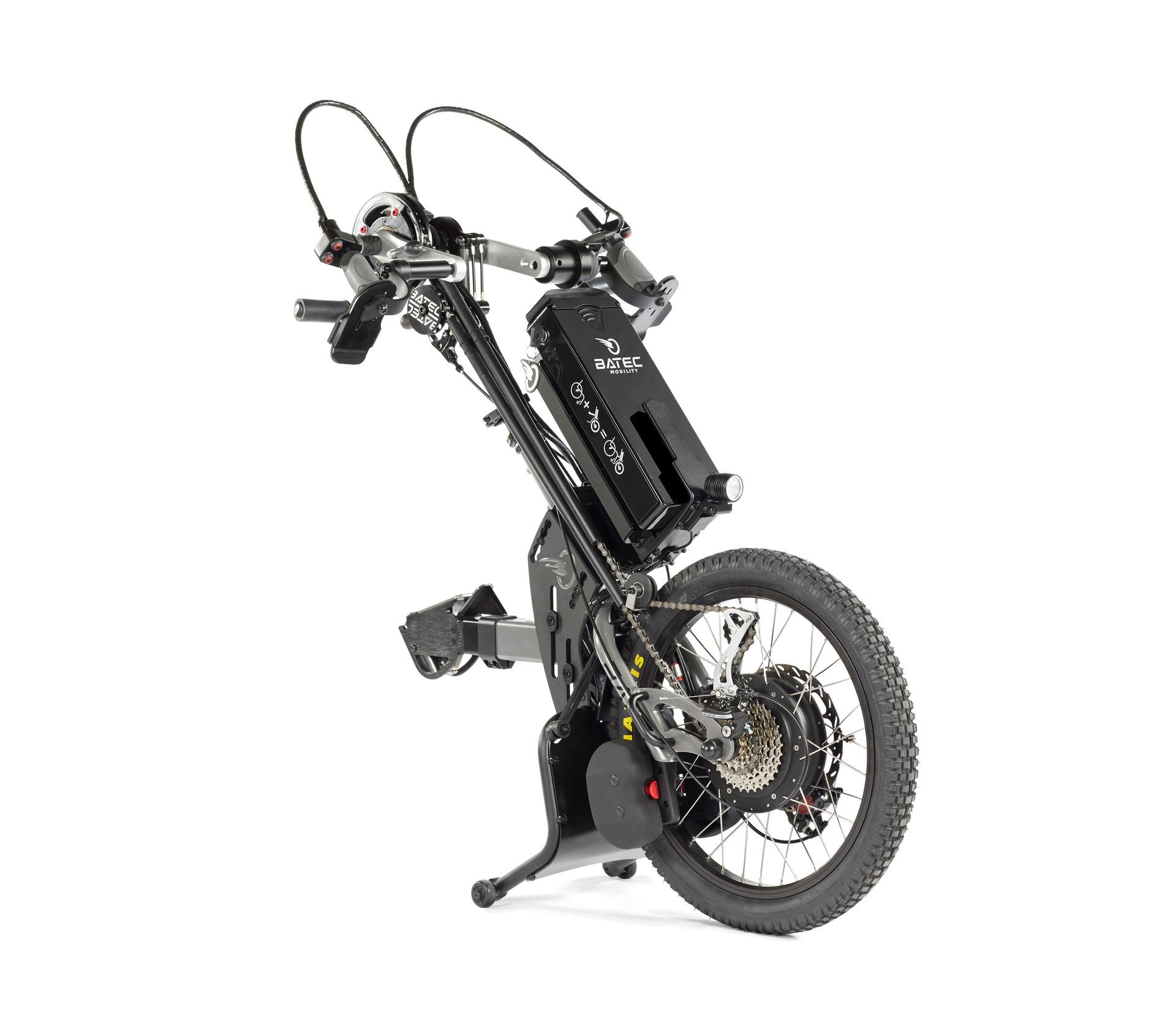 Foldable black electric bicycle with large front wheel and handlebars, shown in side view on a white background