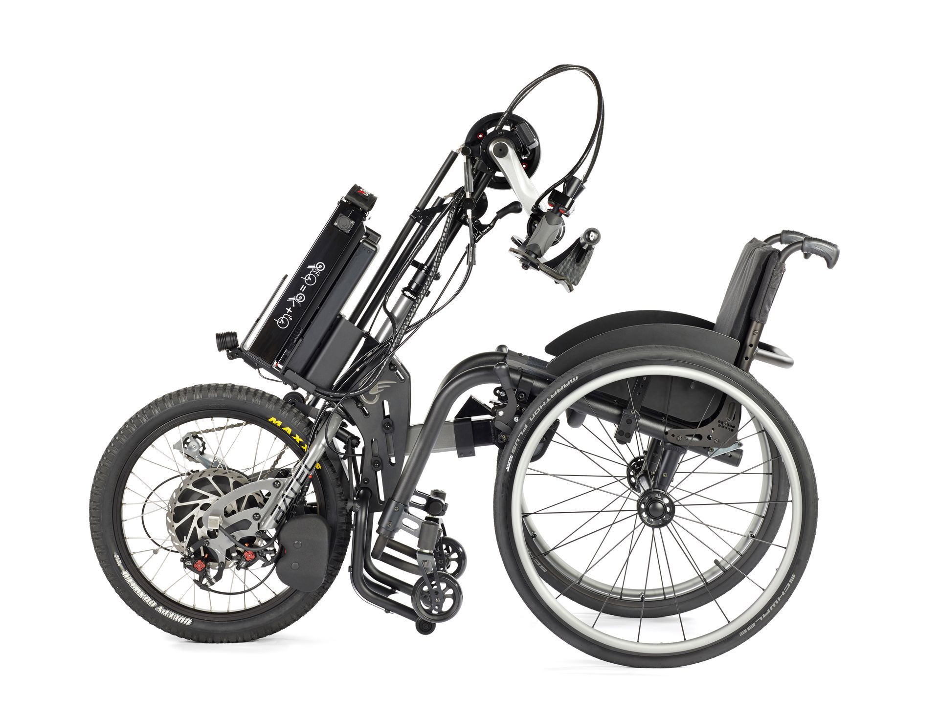 Black folding wheelchair with large rear wheels and a battery pack on a white background