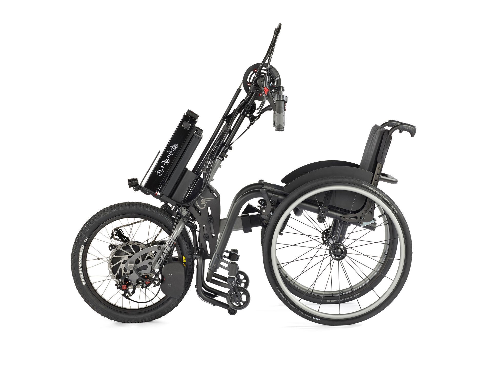 Three-wheeled adaptive tricycle with a black frame and large rear wheel, isolated on white background