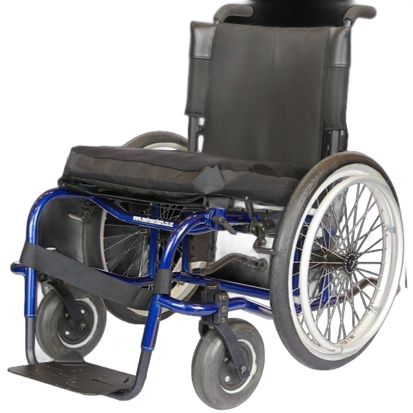 Blue wheelchair, black seat, gray tires.