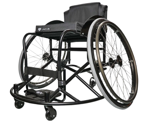 Black wheelchair with large rear wheels and small front wheels.