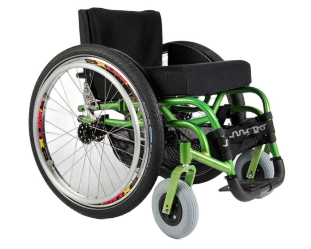 Green and black wheelchair with large wheels, designed for mobility.