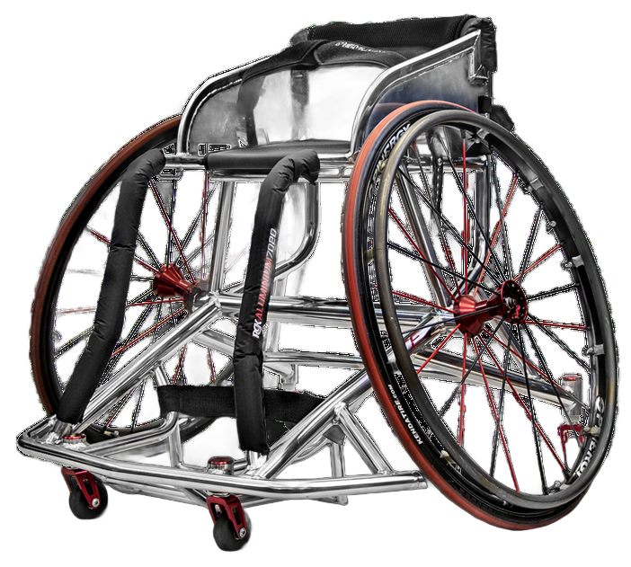 Silver, red, and black sports wheelchair.
