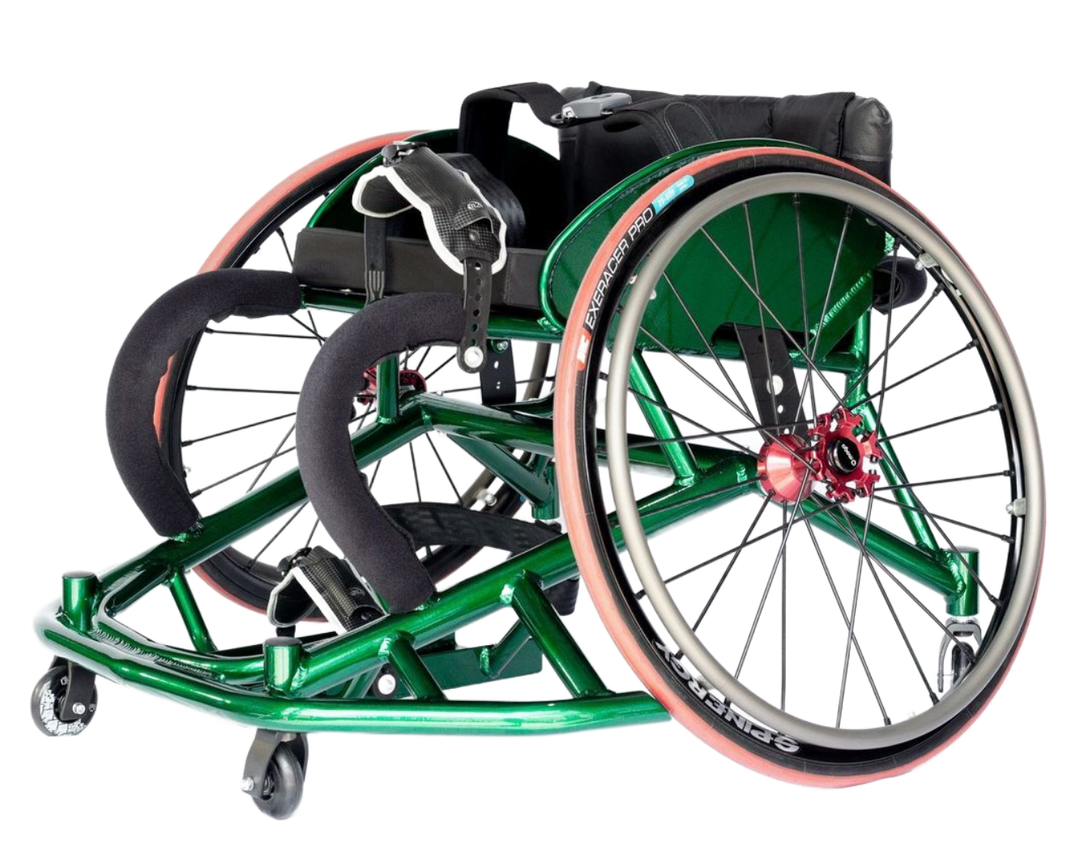 Green sports wheelchair with black padding, angled wheels, and red accents.