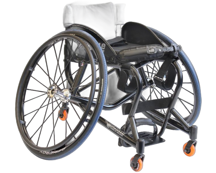 Black sports wheelchair with large rear wheels and small front wheels.