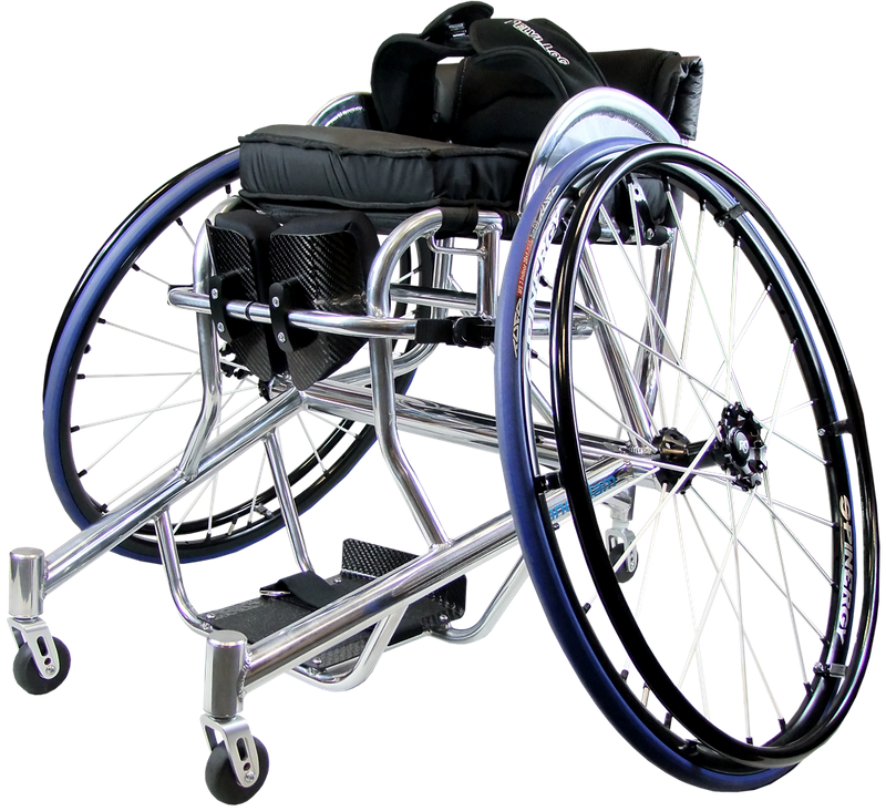 Chrome wheelchair with blue wheels, black seat, footrest, and back support, angled view.