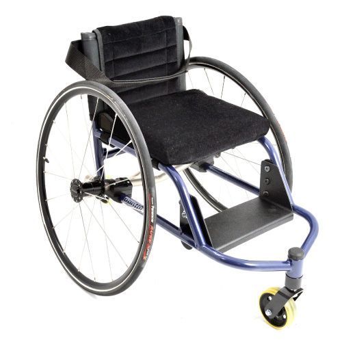 Blue racing wheelchair with black seat and wheels on a white background.