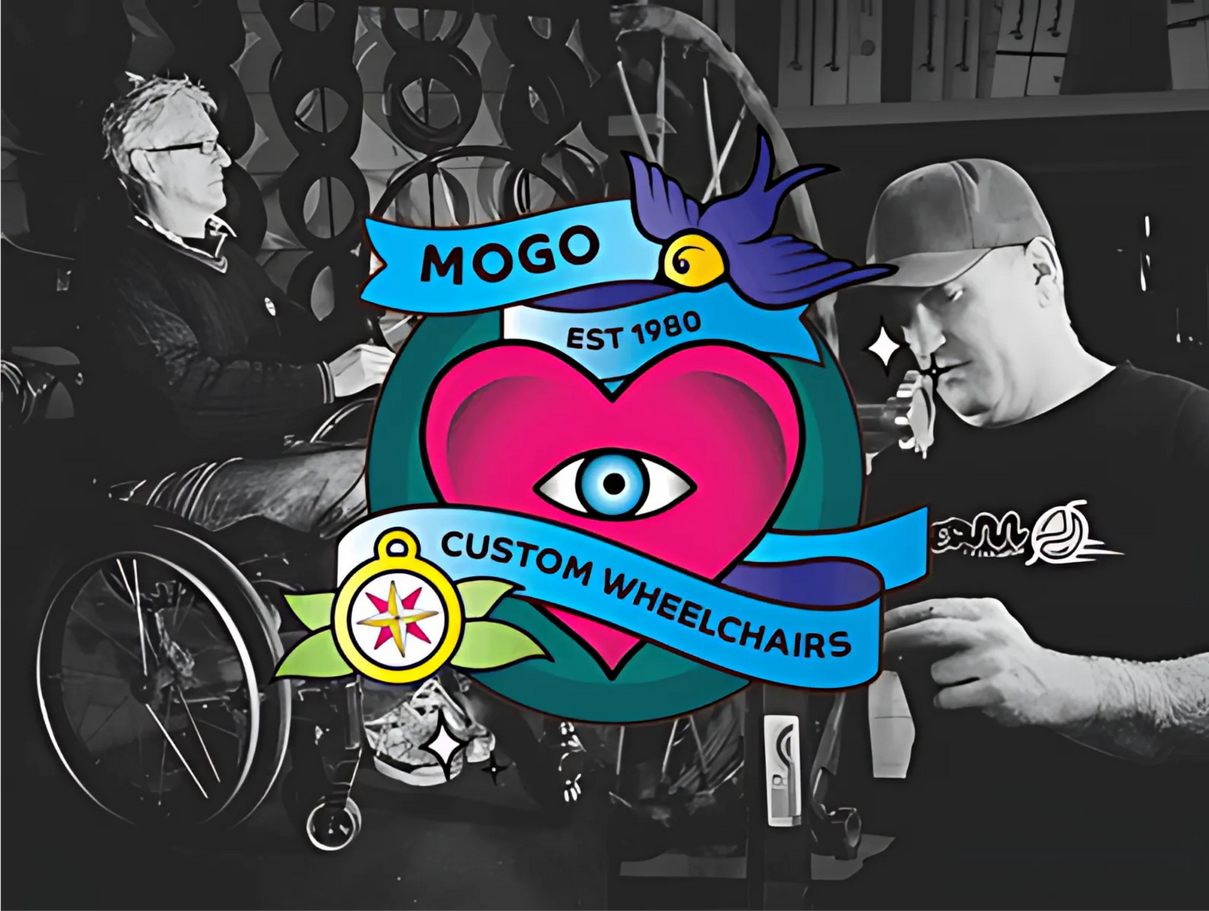Logo for Mogo Custom Wheelchairs, with a heart and eye graphic, with image of someone in a wheelchair and a person working.