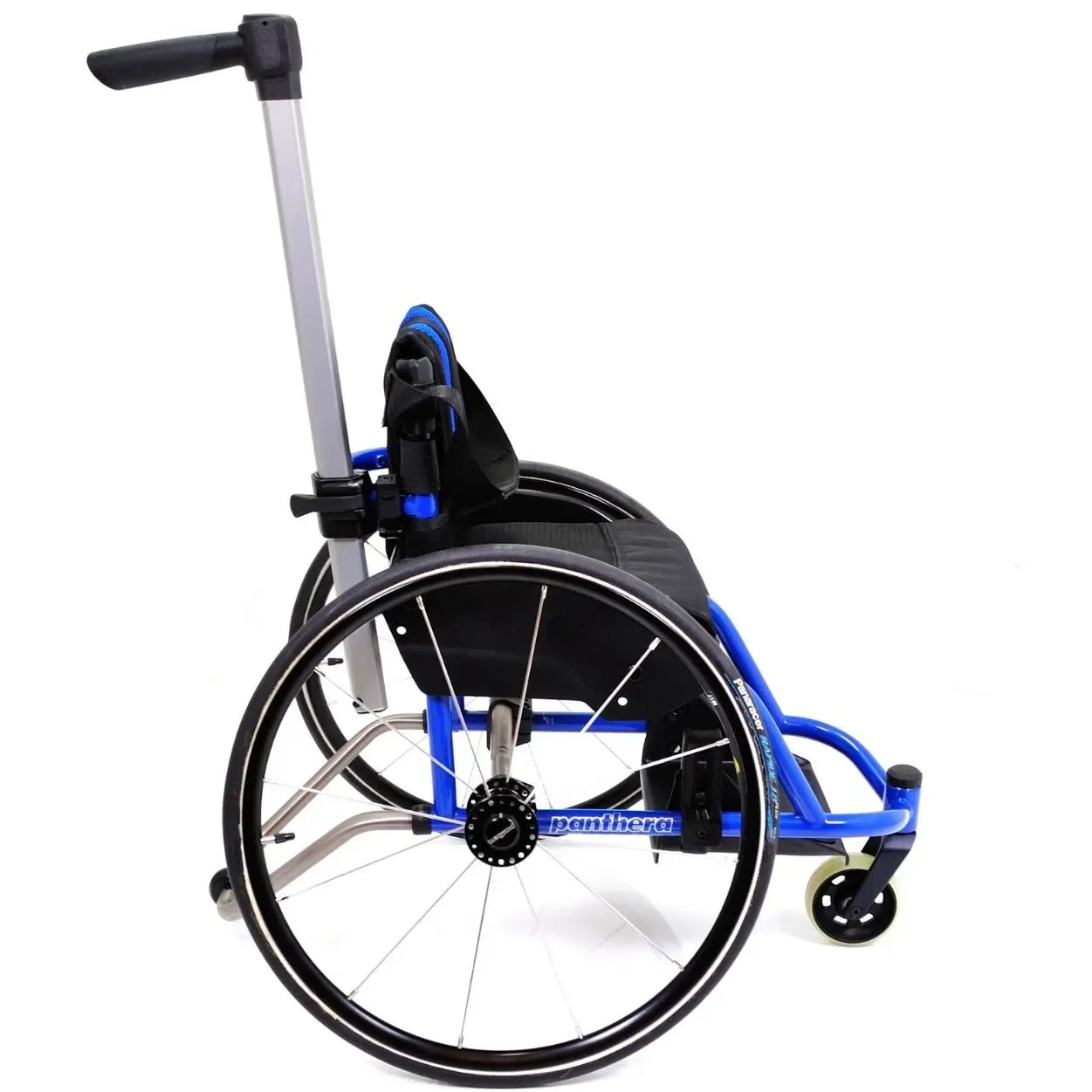 Blue and black wheelchair with push handle, side view.