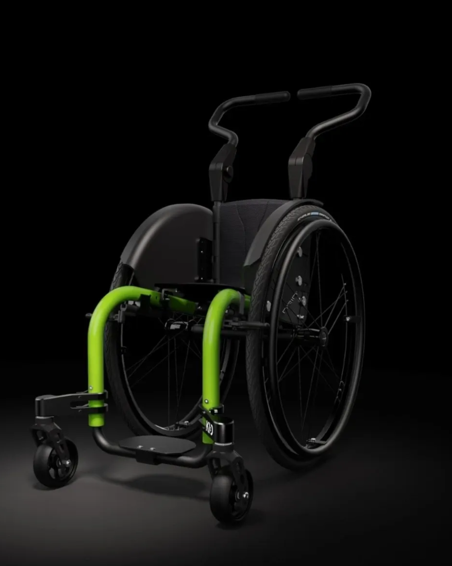 Lime green and black wheelchair on a black background.