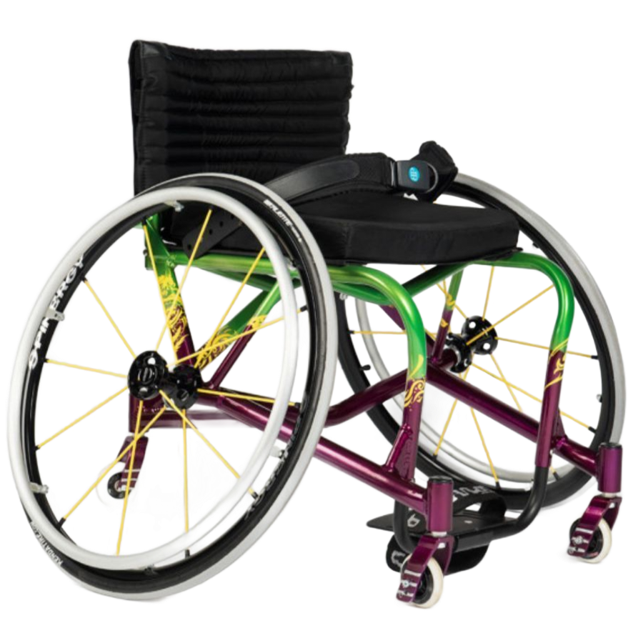 A custom lightweight wheelchair with a green and purple frame, black seat, and silver wheels.