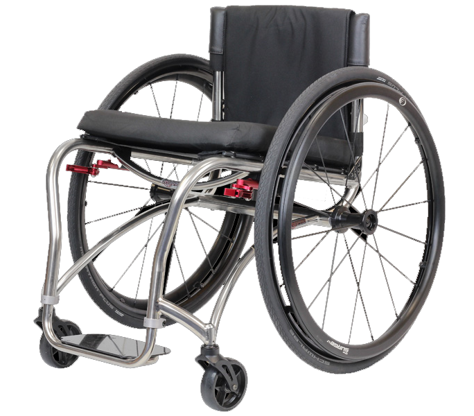 Wheelchair with black seat and wheels, silver frame, and small front wheels.