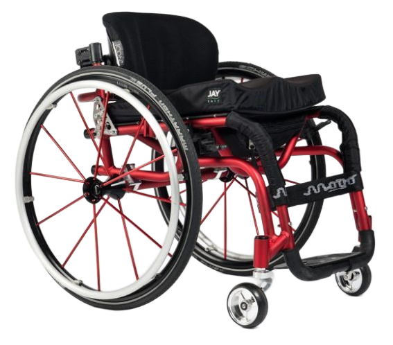 Red and black wheelchair with large rear wheels, designed for mobility and sports.