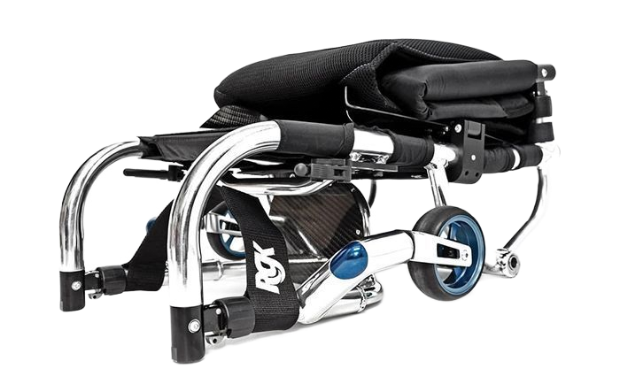 Folded silver wheelchair with black seat and blue accents.